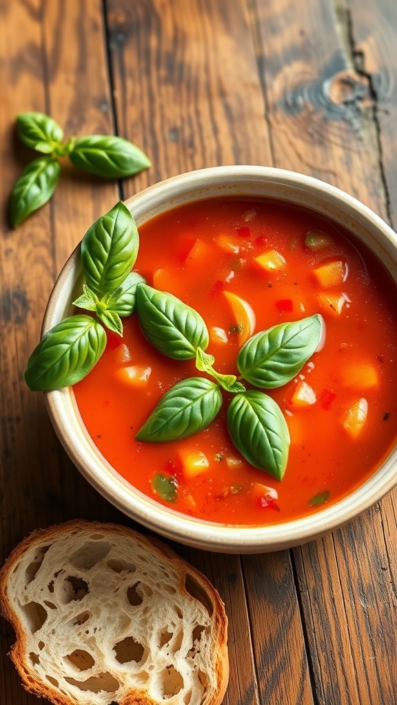 A bowl of Garlic and Herb Tomato Soup garnished with basil leaves, accompanied by crusty bread on a wooden table.
